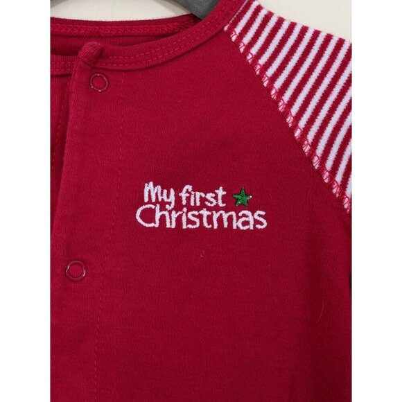 My First Christmas One Piece Baby 6 Months Red Green Striped Embroidered Train - Picture 6 of 6